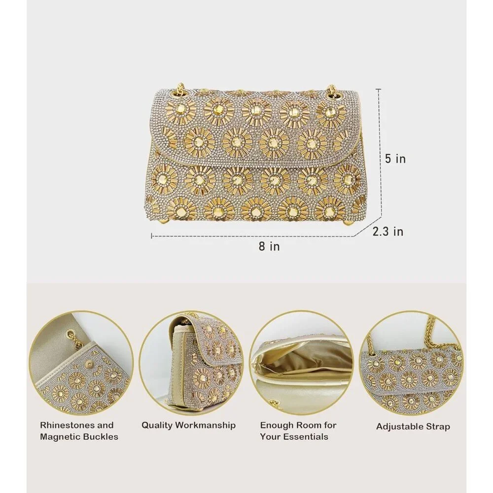 Champagne Rhinestone Evening Clutch Purse for Women - Sparkling Formal Handbag w